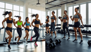 Découvrez en un coup d’œil la différence entre le cardio et la musculation grâce à cette illustration inspirante. À gauche, des femmes dynamiques en plein entraînement cardio (course, corde à sauter, HIIT), et à droite, des femmes fortes et concentrées en pleine séance de musculation (haltères, squats, renforcement). Une image motivante pour comprendre deux approches complémentaires de la perte de gras et de la remise en forme.