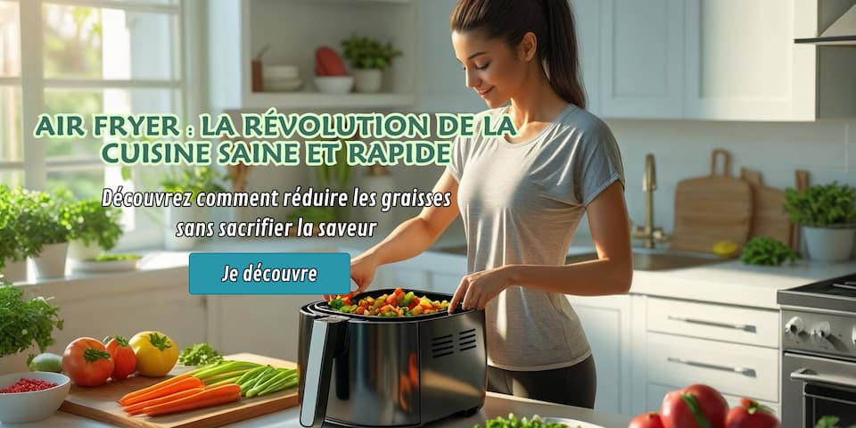 Image mettant en avant un air fryer comme solution de cuisson saine, rapide et légère, idéale pour une alimentation équilibrée.