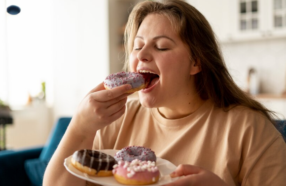 Jeune femme consommant des donuts sucrés et industriels, illustrant les excès de sucre raffiné et les impacts d’une alimentation ultra-transformée sur la santé